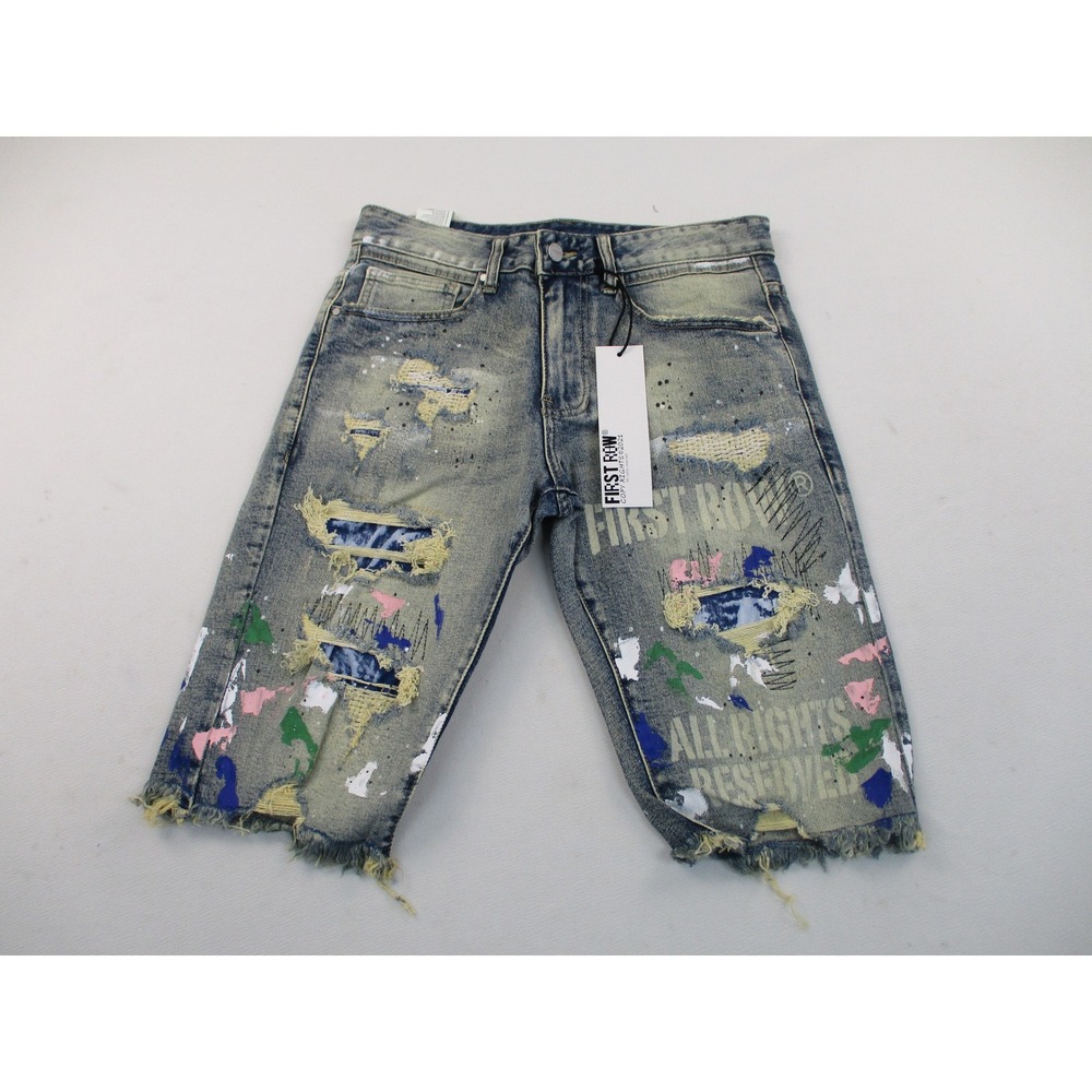 First Row Denim Shorts Mens 30 Blue Distressed Paint Splatter Graphic Raw Hem